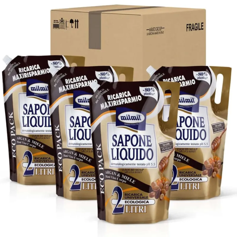 4 x Mil Mil Sapone Liquido Mani Viso Corpo Argan e Miele Ricarica Ecologica 2 Lt Spedizione Espresso