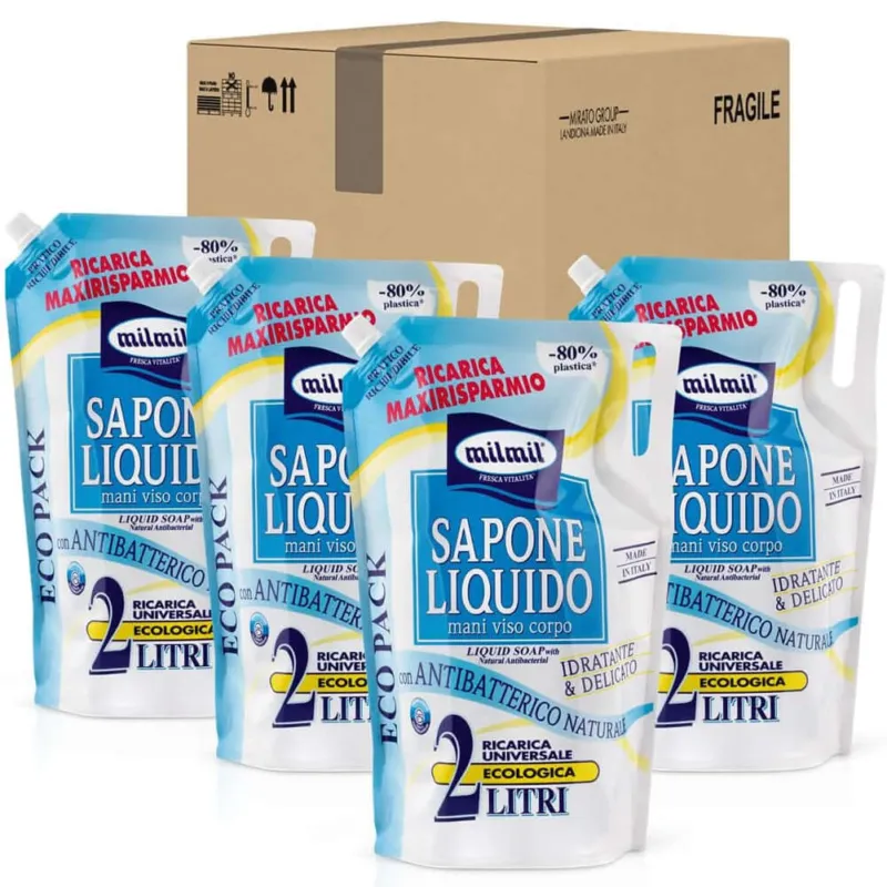 4 x Mil Mil Sapone Liquido Mani Viso Corpo Idratante Neutro Eco Ricarica 2 Lt Bestseller