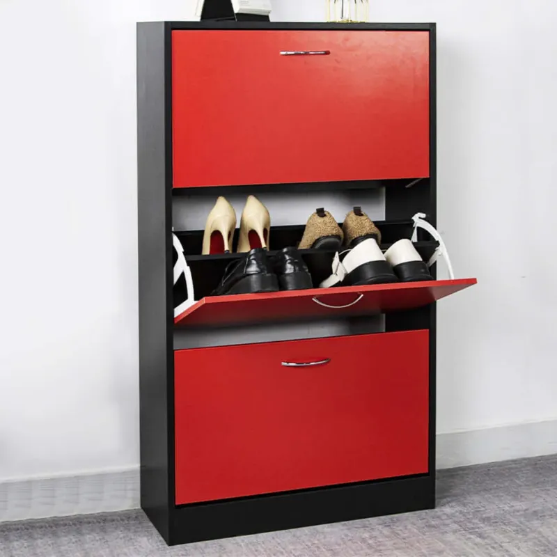 Scarpiera 3 Ante Ripiani Doppia Profondità con Maniglia Rosso e Nero 63x24x115cm Quantità Limitata