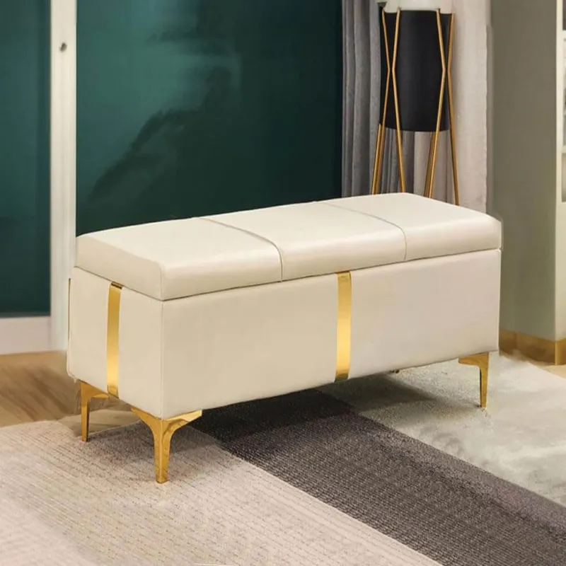 Cassapanca Contenitore Beige in Ecopelle con Piedini in Metallo Oro Panca Pouf Nuova Collezione