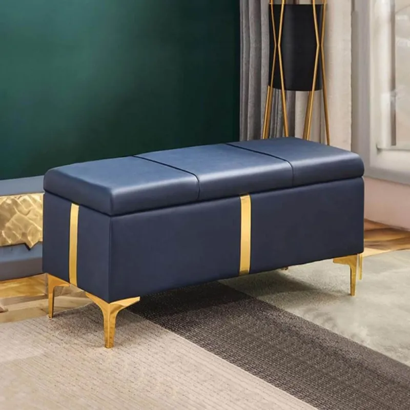 Cassapanca Contenitore Blu in Ecopelle con Piedini in Metallo Oro Panca Pouf Ultime Pezzi