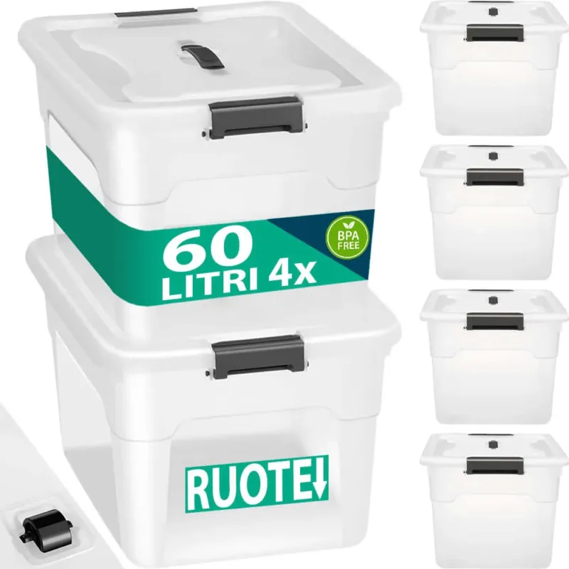 Set Scatole 4 x 60 L Portaoggetti in Plastica Cassetto Contenitore Salvaspazio Promo Stagionale