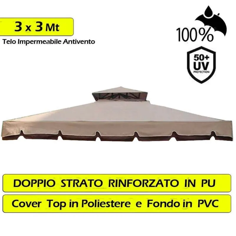 Promozione Esclusiva Telo Copertura Gazebo 3X3 Ricambio 350 gr/mq Camino Antivento Antipiog. 3 x 3 mt