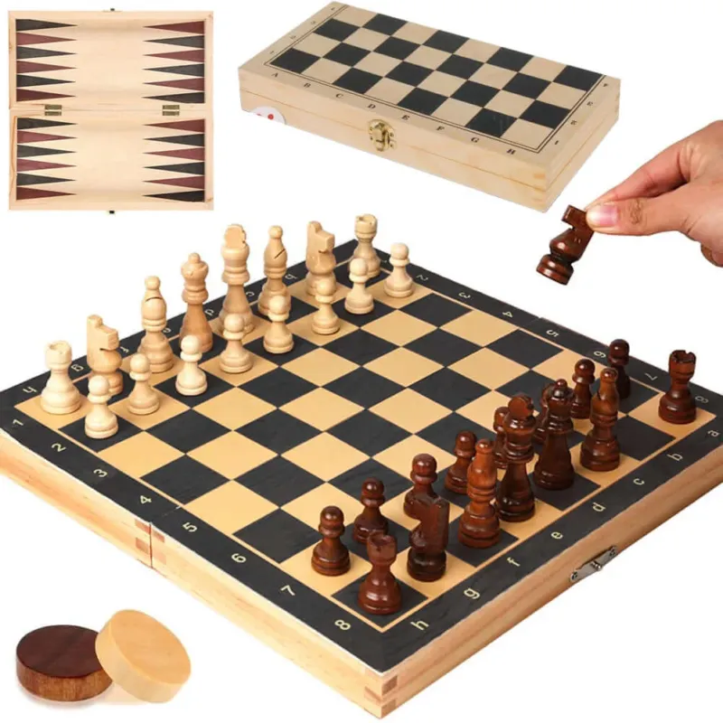 Scacchiera Portatile Pieghevole in Legno con Dama Scacchi e Bakgammon Portatile Quantità Limitata