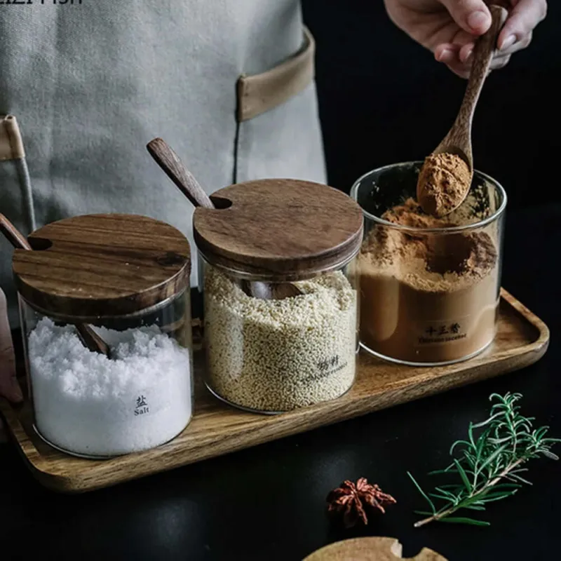 Set 3 Barattoli Sale Zucchero Caffè in Vetro e Legno di Acacia Organizer Spezie Compra Online