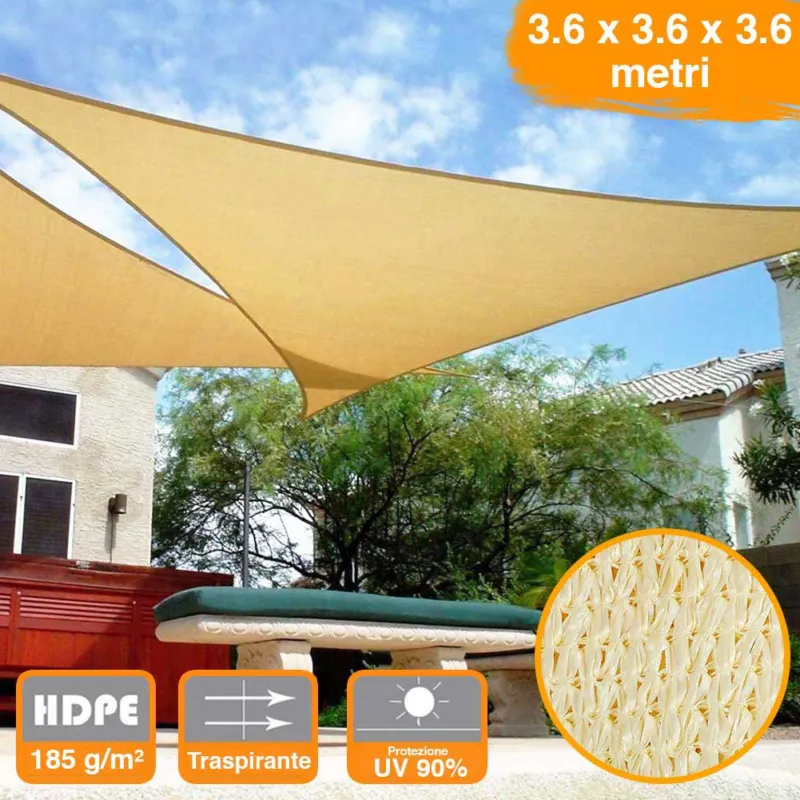 Vela Telo Parasole 3,6x3,6mt Tenda Triangolare Ombreggiante Giardino HDPE Beige Vendita Finale