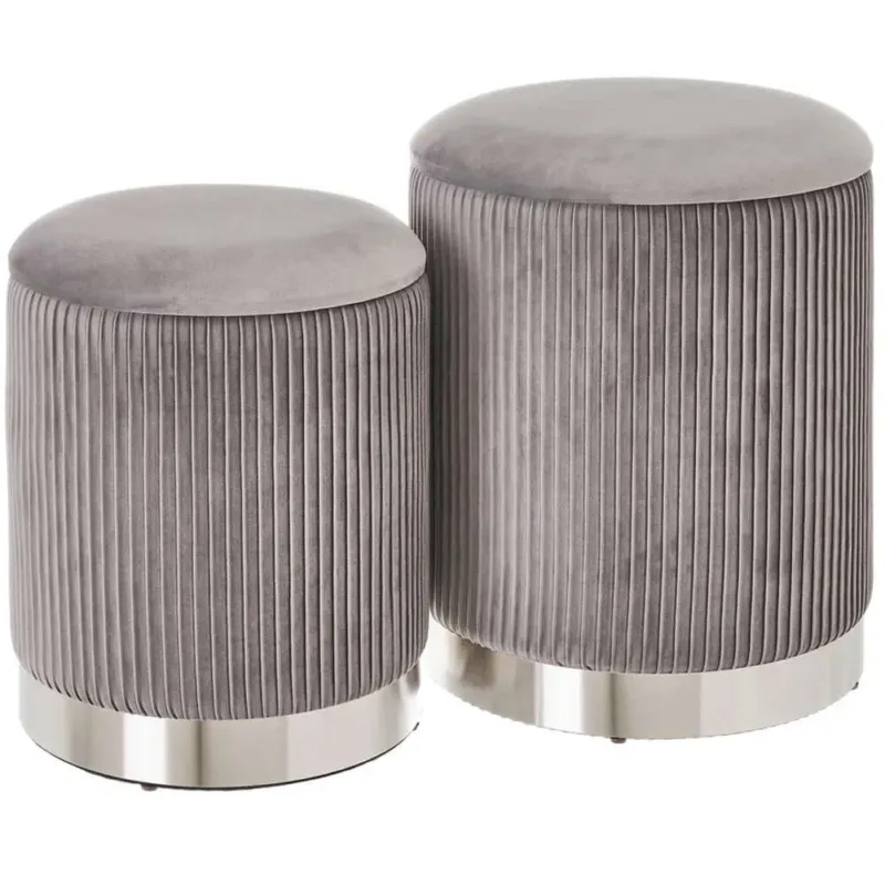 Set 2 Pouf Contenitore Grigio Velluto Sgabello Poggiapiedi Rotondo Portata 120kg Compra Online