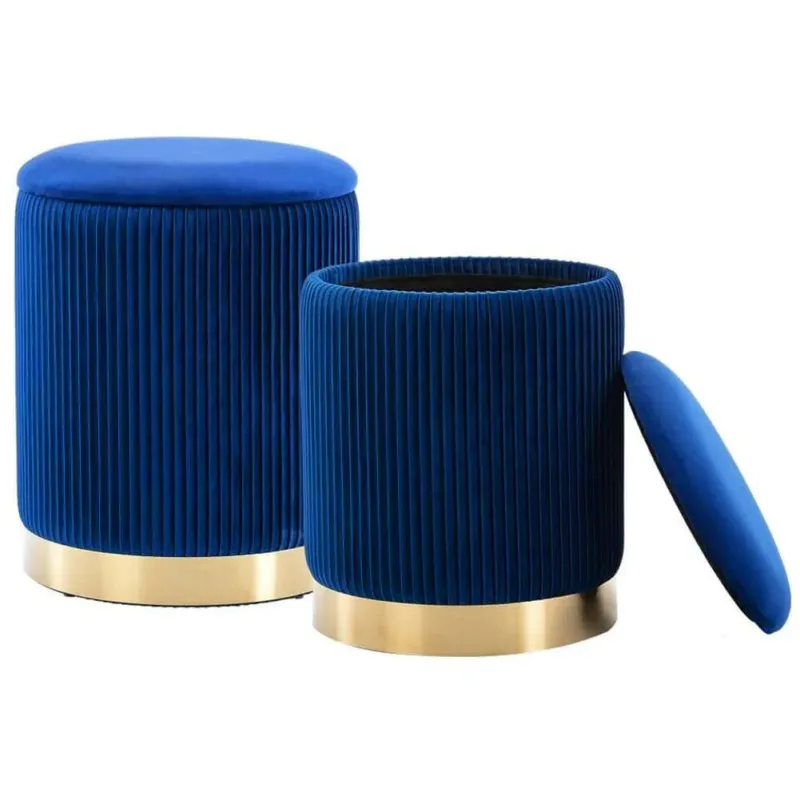 Set 2 Pouf Contenitore Blu Velluto Sgabello Poggiapiedi Rotondo Portata 120kg Scelto Dai Clienti
