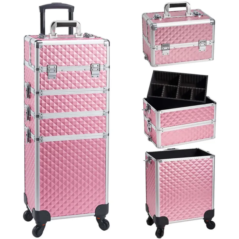 Trolley Makeup 4in1 Valigetta Rosa Trucco Estetista Beauty Case Ruote Staccabili Popolare