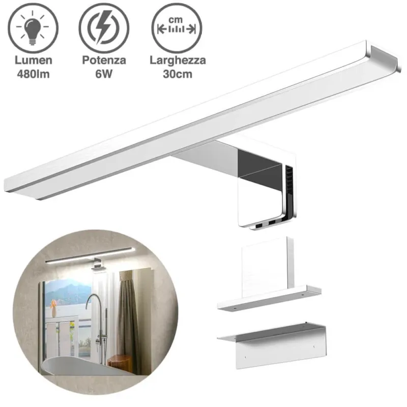 Popolare Lampada Specchio Bagno Applique Parete 30cm Luce LED 6W 6500K 480lm in Alluminio
