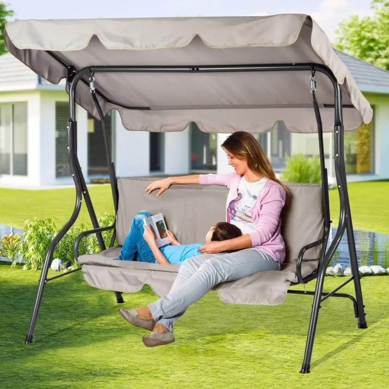 Spedito Oggi Dondolo da Giardino 3 Posti Altalena per Esterno Acciaio con Tettuccio Beige
