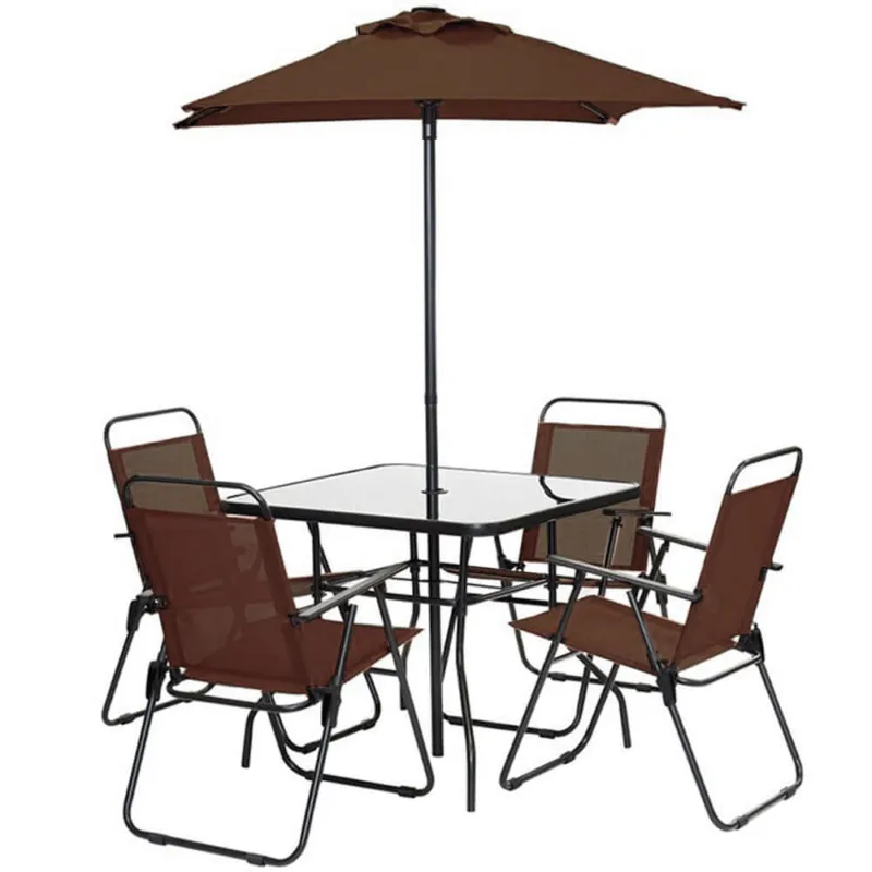 Set Pranzo 6 Pezzi per Giardino Patio con Ombrellone 4 Sedie Pieghevoli Marrone Pagamento Sicuro