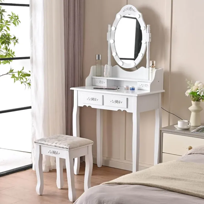Offerta Speciale Toeletta Trucco Elena con Specchio e Sgabello Luci Led Freddo Caldo Specchiera
