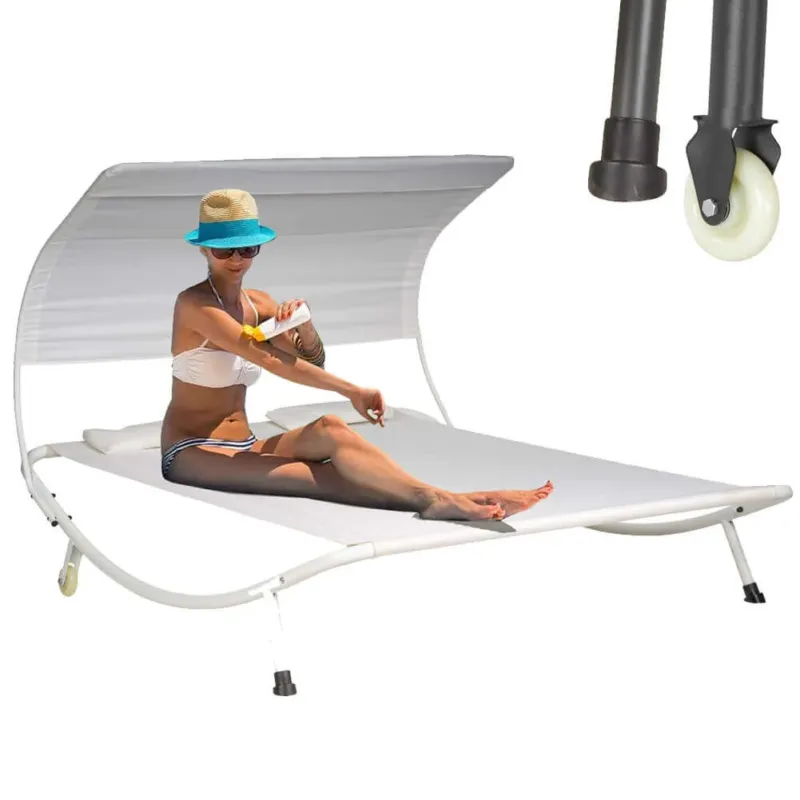 Lettino Prendisole Matrimoniale da Giardino Lounge 200x170x138 cm Bianco con ruote Popolare