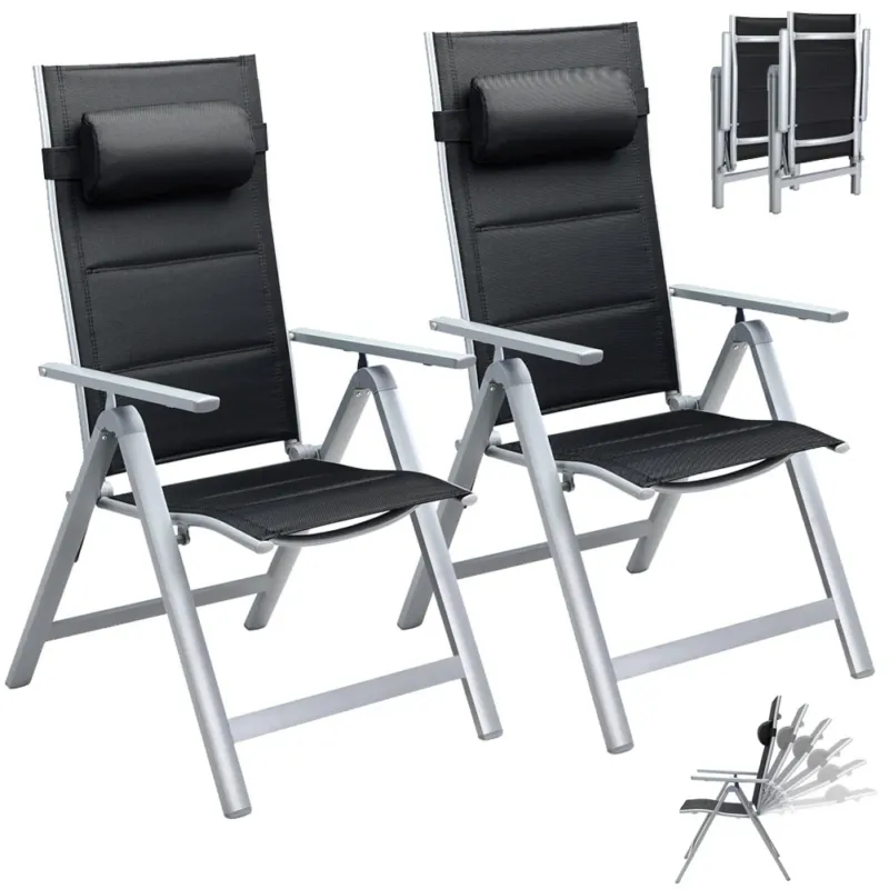 Set 2 Sedie da Giardino Alluminio Schienale Alto Extra imbottito Pieghevoli Nero Di Tendenza
