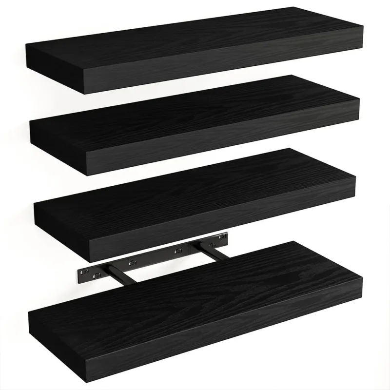 Set 4 Mensole da Parete Nero in Legno Scaffali a Muro Scaffalatura Multiuso Solo Oggi