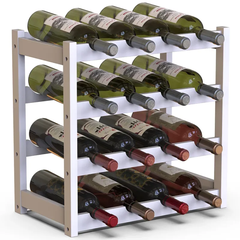 Cantinetta Portavino in Legno Bambù Bianco con 16 Scomparti Bar Portabottiglie Reso Gratuito
