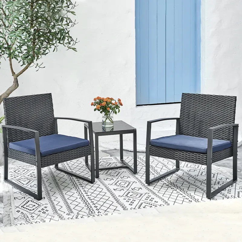 Set 3 Pezzi Polyrattan per Giardino con 2 Poltrone 1 Tavolo Nero e Blu Bistrot Più Venduto