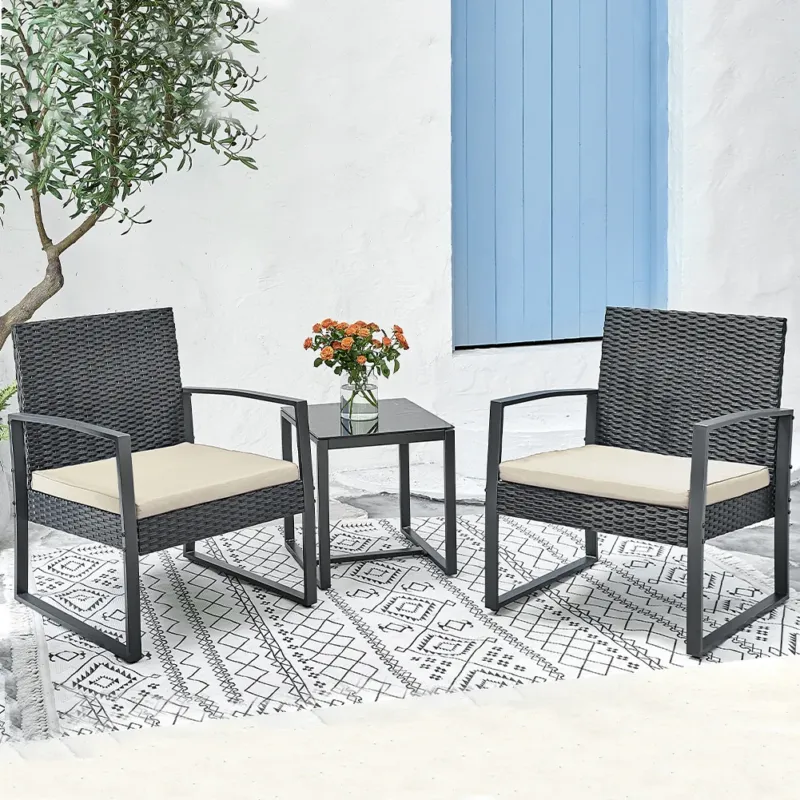 Ultimissimo Modello Set 3 Pezzi Polyrattan da Giardino con 2 Poltrone 1 Tavolo Nero e Tortora Bistrot