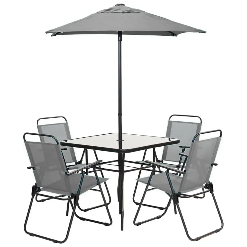 Set da Pranzo 6 Pezzi per Giardino Patio con Ombrellone 4 Sedie Pieghevoli Grigio Di Tendenza