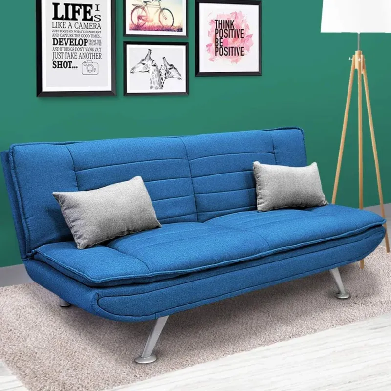 Miglior Prezzo Divano Letto Ginevra Clic Clac 3 Posti Tessuto Imbottito Blu e Metallo Cuscini