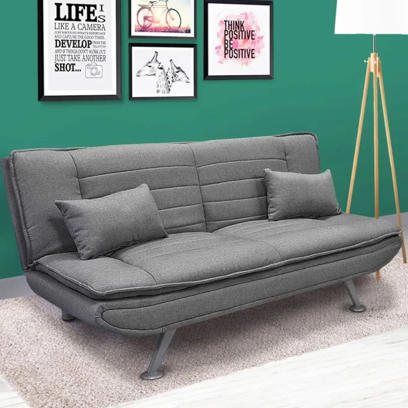 Vendita Finale Divano Letto Ginevra Clic Clac 3 Posti Tessuto Imbottito Grey e Metallo Cuscini
