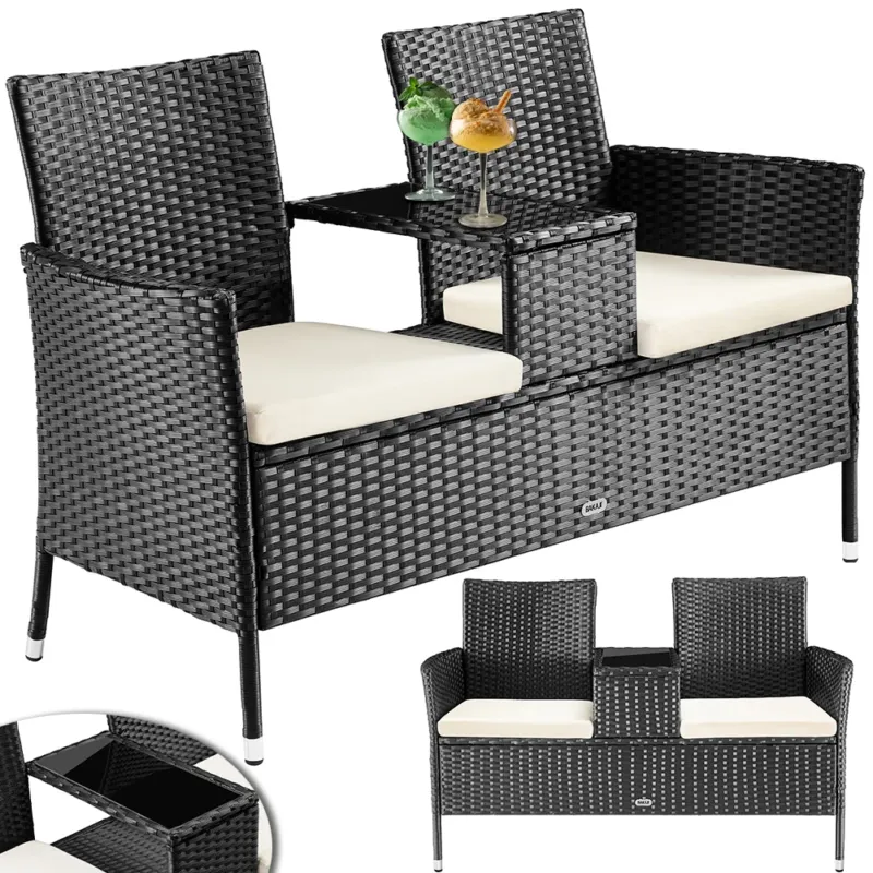 Divano Panca da Giardino Nero in Polyrattan Panchina Divanetto con Ripiano Vetro Affare