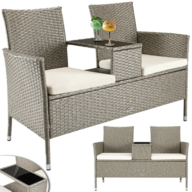 Divano Panca da Giardino Crema in Polyrattan Panchina Divanetto con Ripiano Vetro Prezzo Di Fabbrica