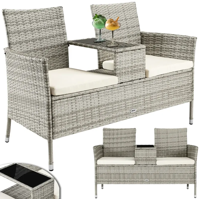 Reso Gratuito Divano Panca Giardino Grigio in Polyrattan Panchina Divanetto con Ripiano Vetro