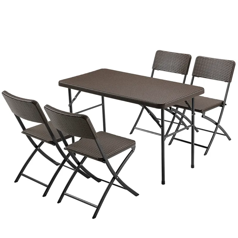 Set Tavolo + 4 Sedie Pieghevole Arredo Esterno Giardino in Polyrattan Marrone Offerta Lampo