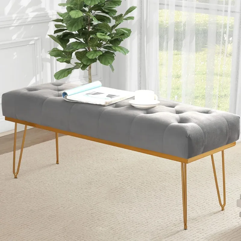 Panca Panchina Tessuto Grigio Ingresso Camera da Letto Cassapanca Pouf Ottomana Esclusivo