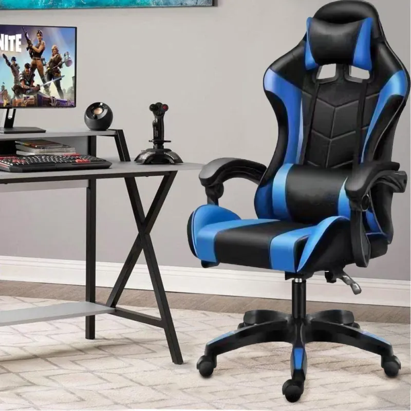 Sedia Gaming Nero e Blu con Cuscino Poggiatesta Lombare Poltrona da Scrivania Nuovo Arrivo