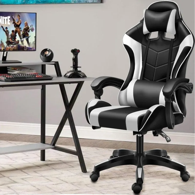 Scelto Dai Clienti Sedia Gaming Nero e Bianco con Cuscino Poggiatesta Lombare Poltrona da Scrivania