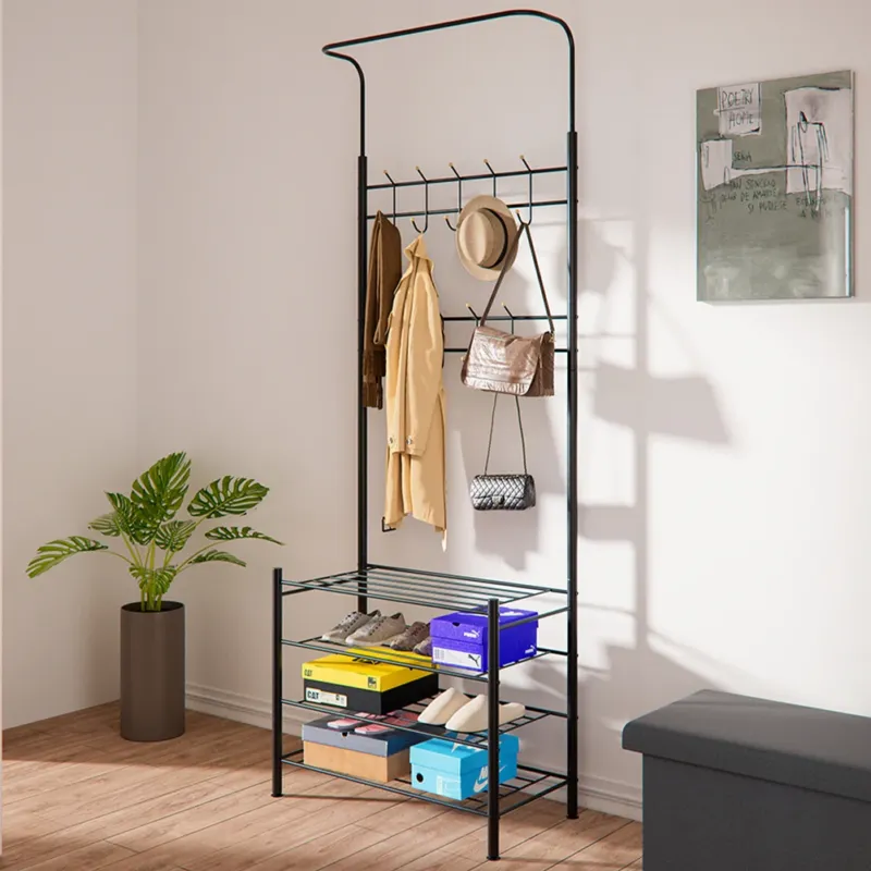 Offerta Del Giorno Stand Appendiabiti da Ingresso Struttura Metallo 9 Ganci con scarpiera 4 Ripiani