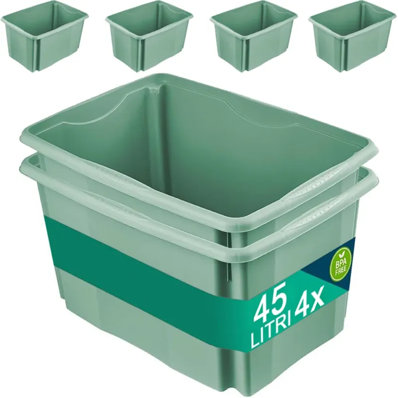 Set Scatole 4x45 L Portaoggetti Verde Plastica Cassetto Contenitore Salvaspazio Ultime Pezzi