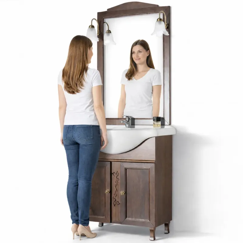 Mobile Da Bagno Noce Completo Modello Giada Ante Lisce 75cm Legno con Specchio Promozione Esclusiva