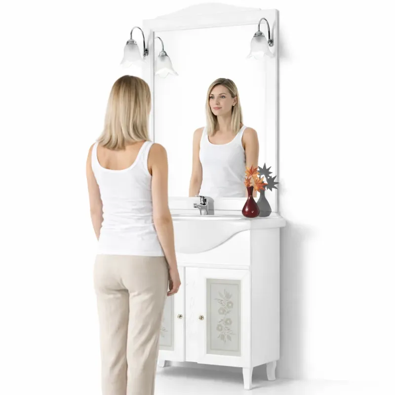 Mobile Da Bagno Bianco Completo Modello Giada Ante Vetro 75cm Legno con Specchio Spedito Oggi