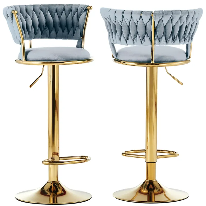 Set 2 Sgabelli Cucina Bar Schienale Intrecciato in Velluto Grigio Struttura Oro Consegna Rapida