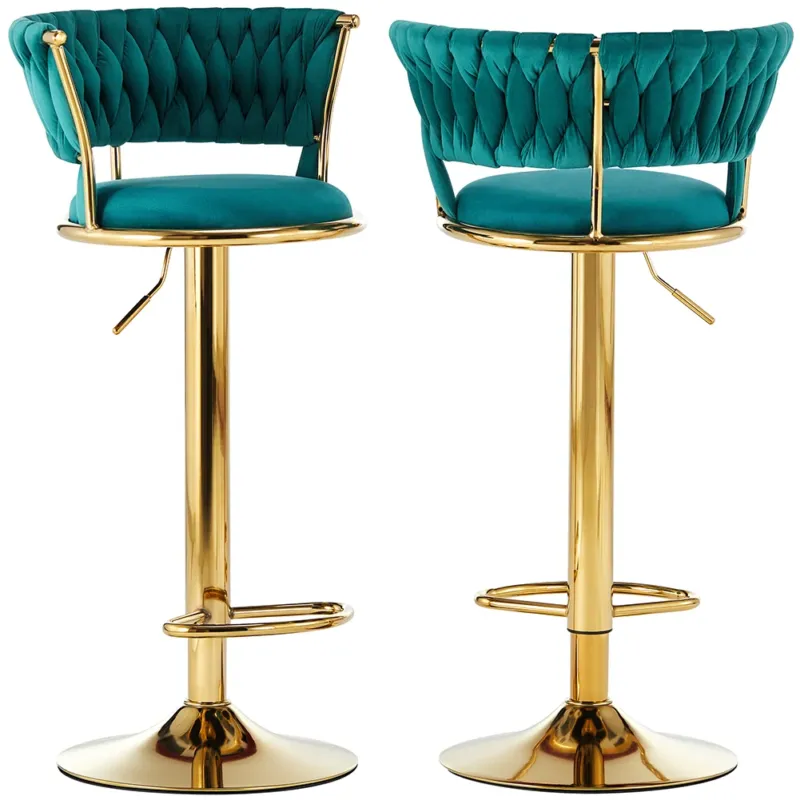 Set 2 Sgabelli Cucina Bar Schienale Intrecciato in Velluto Verde Struttura Oro Offerta Del Giorno