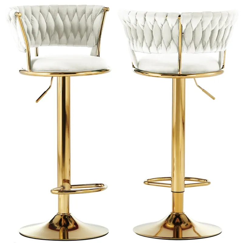 Set 2 Sgabelli Cucina Bar Schienale Intrecciato in Velluto Beige Struttura Oro Economico