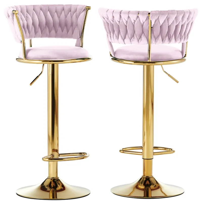 Ultimissimo Modello Set 2 Sgabelli Cucina Bar Schienale Intrecciato in Velluto Rosa Struttura Oro