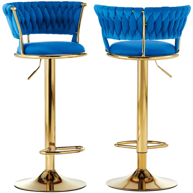 Set 2 Sgabelli Cucina Bar Schienale Intrecciato in Velluto Blu e Struttura Oro Compra Adesso