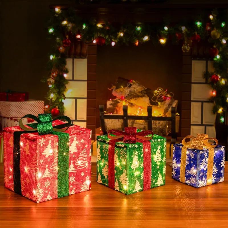 Set 3 Pacchetti Pacchi Regalo Natalizi Luminosi Natale Multicolore Bianco Caldo Bestseller