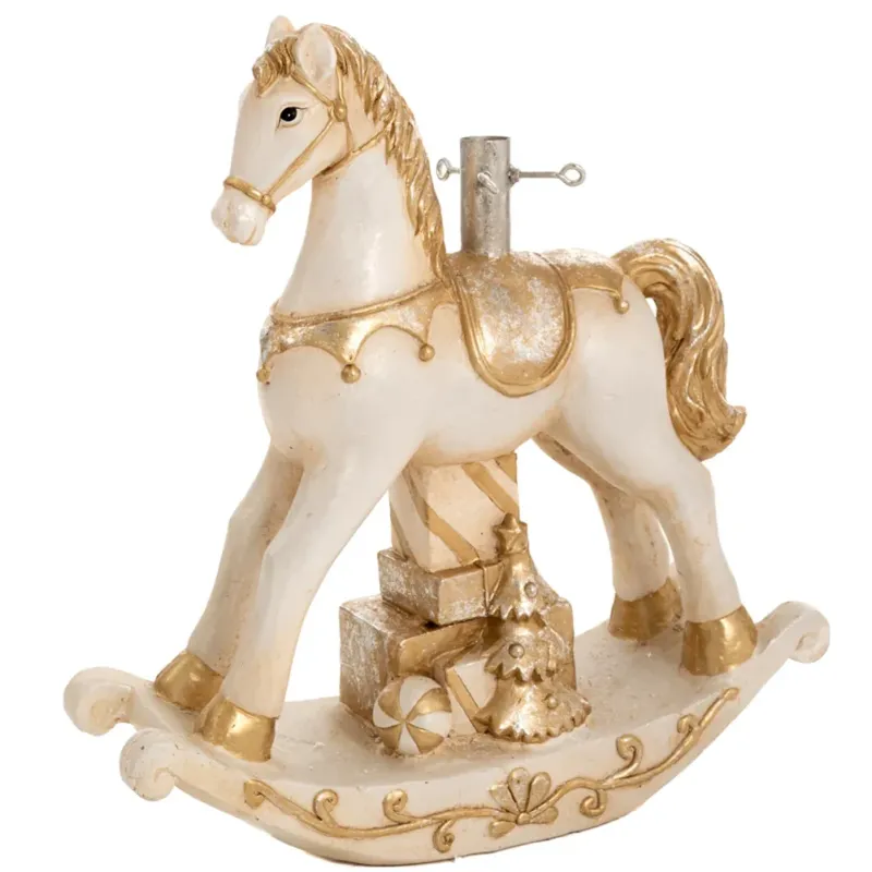 Base Albero di Natale Cavallo a Dondolo Oro e Bianco Decorazione Natalizia Nuovo Arrivo