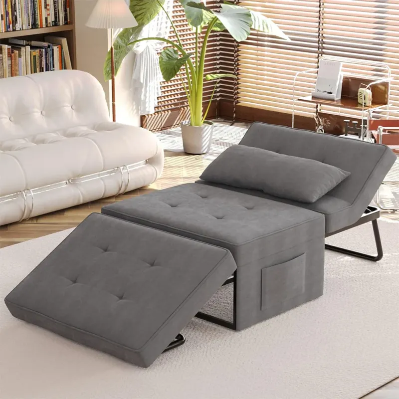 Spedito Oggi Divano Letto 4 in 1 Poltrona Chaise Longue Ottomana Grigio Scuro Tasca Laterale