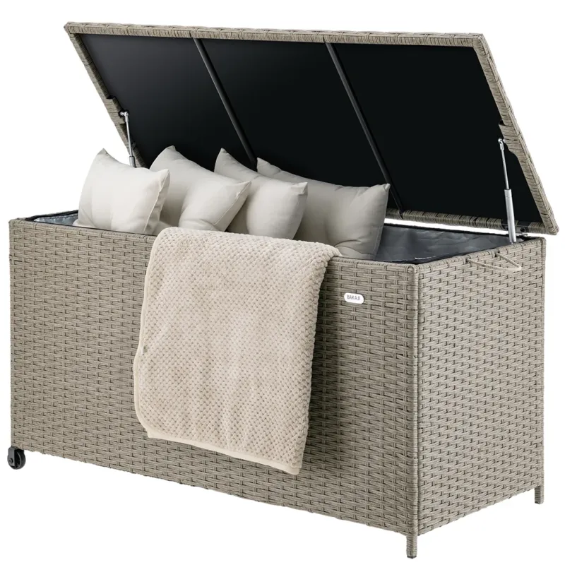 Baule Portaoggetti da Giardino Cassapanca Polyrattan Impermeabile 2 Ruote Crema Più Venduto