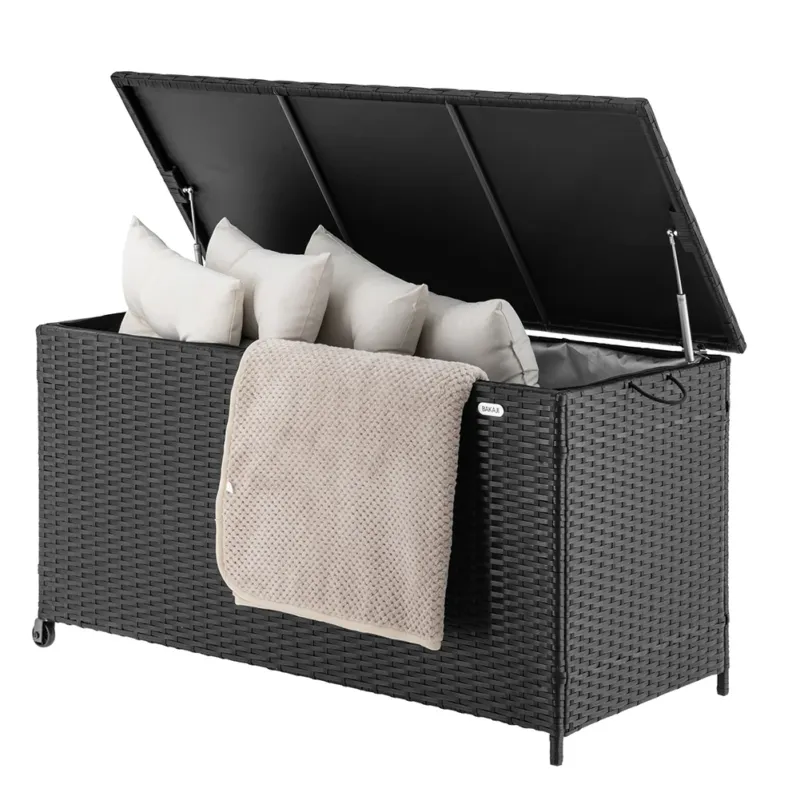 Prezzo Basso Baule Portaoggetti da Giardino Cassapanca Polyrattan Impermeabile 2 Ruote Nero