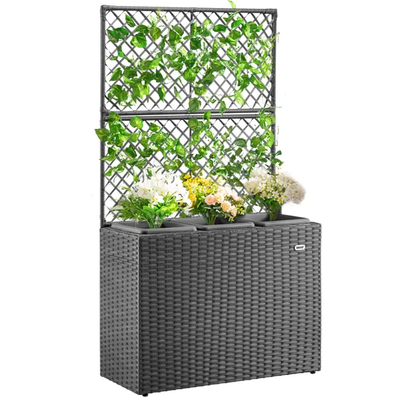 Novità Fioriera a Traliccio Grigio in Polyrattan 3 Vasi Contenitore Piante da Esterno