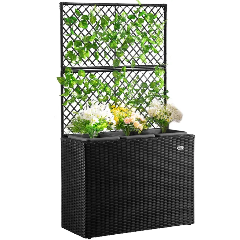 Fioriera a Traliccio Nero in Polyrattan 3 Vasi Contenitore per Piante da Esterno Offerta Del Giorno