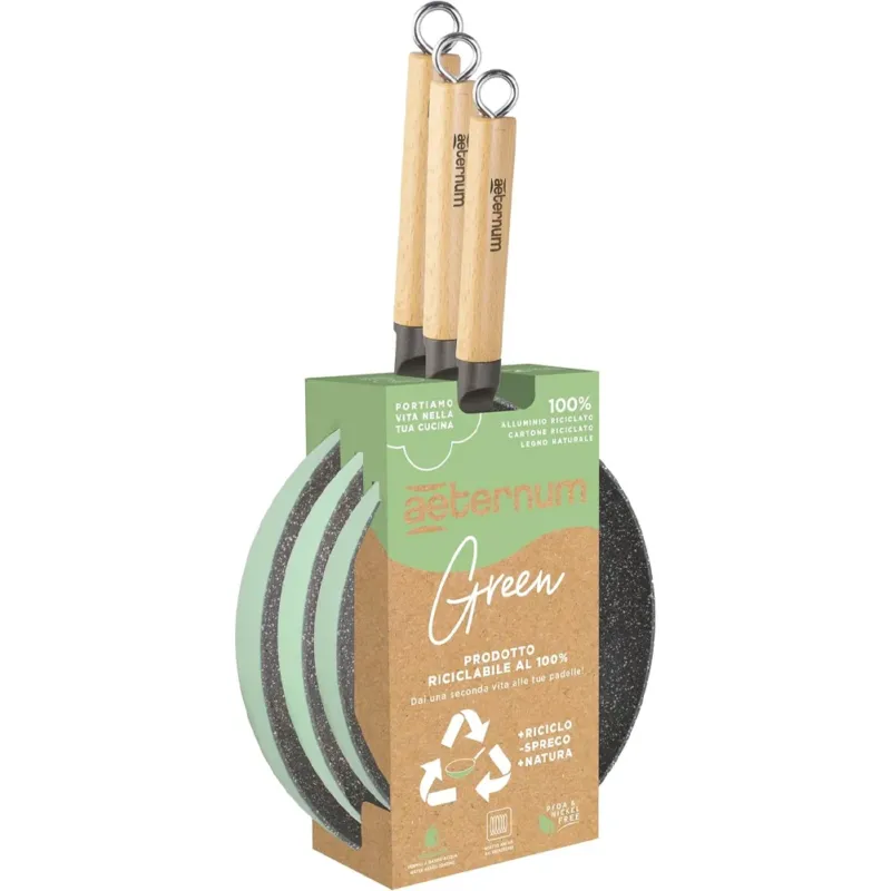 Compra Adesso Set 3 Padelle Antiaderenti in Alluminio Manico Legno Aeternum Green Induction